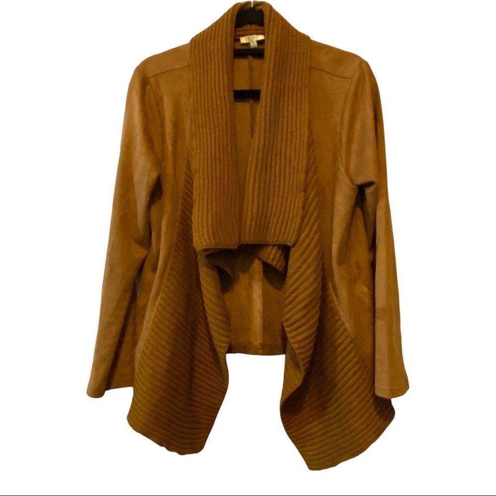 KORI waterfall faux suede cardigan sweater in cognac  size small EUC